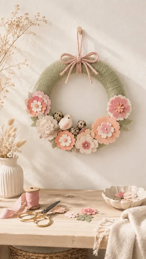 DIY Frühlingskranz mit Papierblumen: Türkranz aus Filz und Tonkarton selber machen