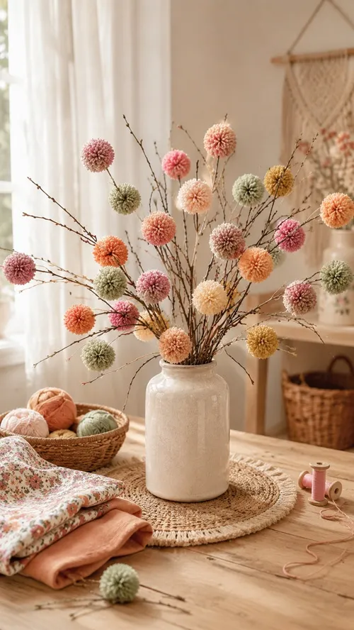 DIY Pompon-Blüten selber machen: Farbenfrohe Deko aus Wolle und Zweigen