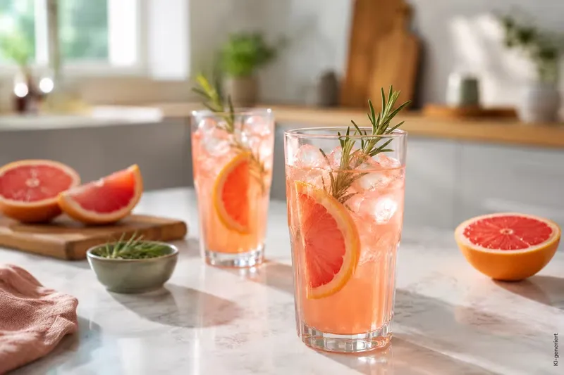 Fruchtige Grapefruit-Limonade mit Rosmarin und Sprudel