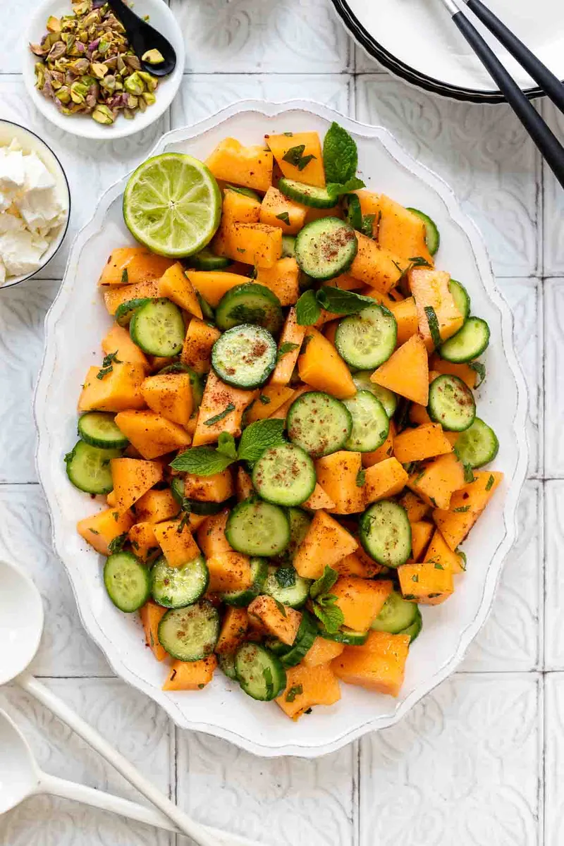 Melonensalat mit Gurke und Fetakäse