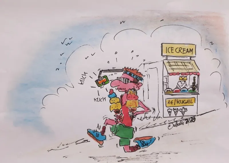 Woww, es ist mit 20 Grad schon recht warm in Cuxhaven. Jetzt kommt meine pfiffige Idee bei GROSSER Hitze zum Einsatz – zwei Eis essen, Laufen und noch ein Selfie machen … läuft!!