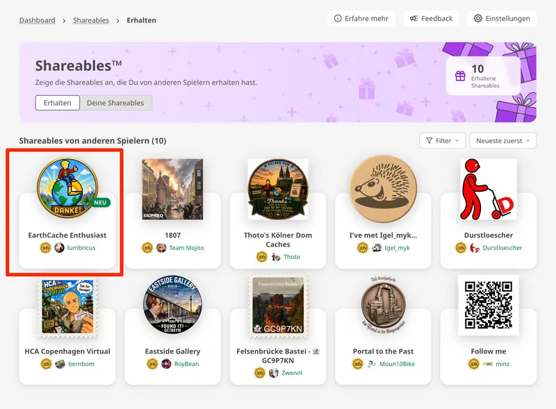 Anleitung: Shareables aus schon gefundenen Geocaches einsammeln