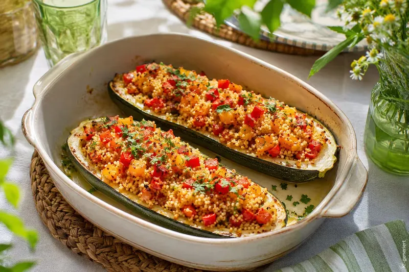 vegetarisch gefüllte Zucchini mit Couscous und Paprika
