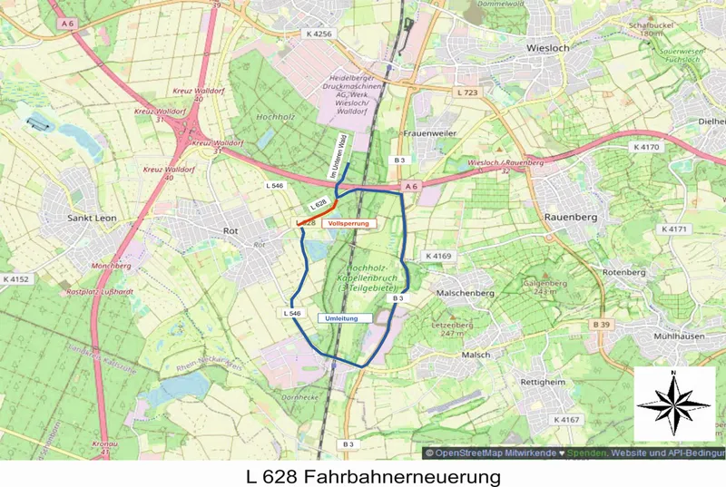 L 628: Fahrbahndeckenerneuerung bei Wiesloch