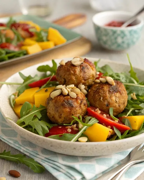 Erdnuss-Frikadellen mit Mango-Rucola-Salat – fruchtig, würzig und herrlich aromatisch