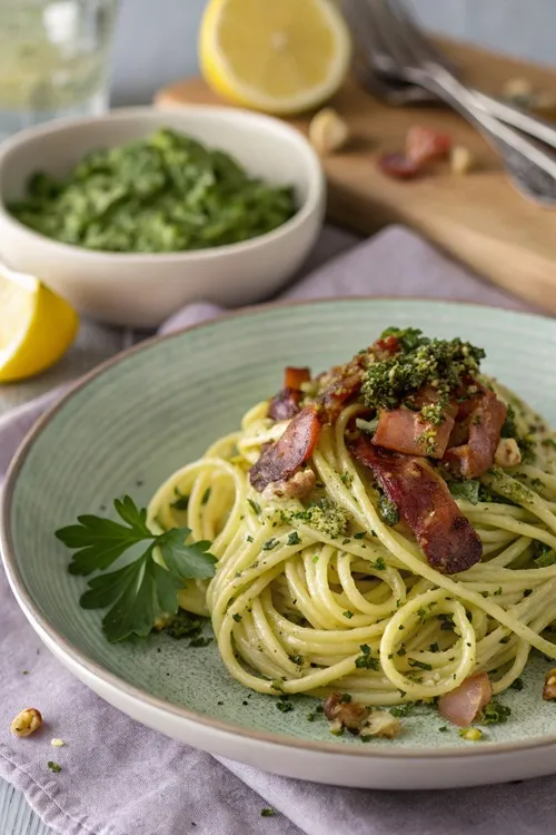 Zitronennudeln mit Bacon und Petersilien-Pesto – frisch, würzig und unwiderstehlich