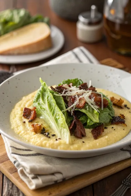 Cremige Parmesan-Polenta mit warmem Römersalat und Speck-Vinaigrette