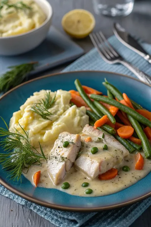 Fischragout mit grünen Bohnen in cremiger Senfsoße