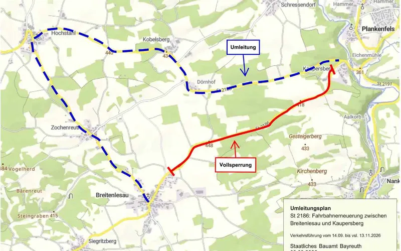 St 2186 bei Plankenfels: Vollsperrung zwischen Breitenlesau und Kaupersberg ab 14. September