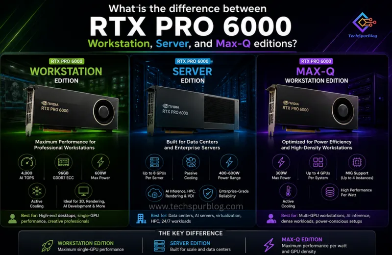What is the difference between RTX PRO 6000 Workstation, Server, and Max-Q editions?