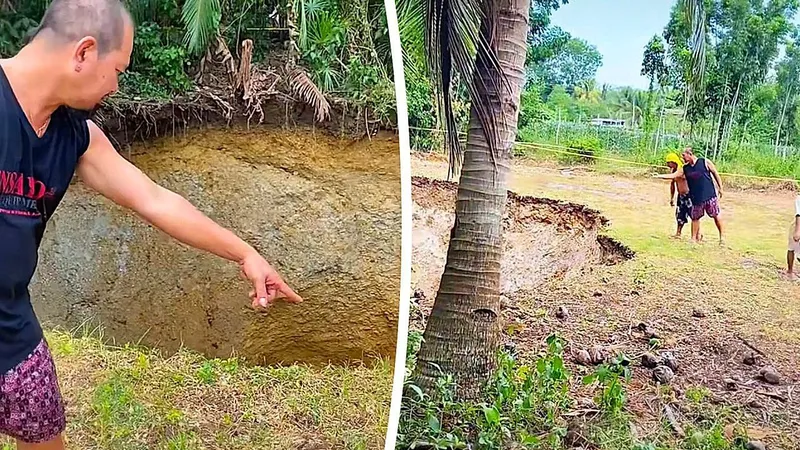 Video: Boden gibt nach: Gewaltiges Senkloch öffnet sich in Garten auf den Philippinen