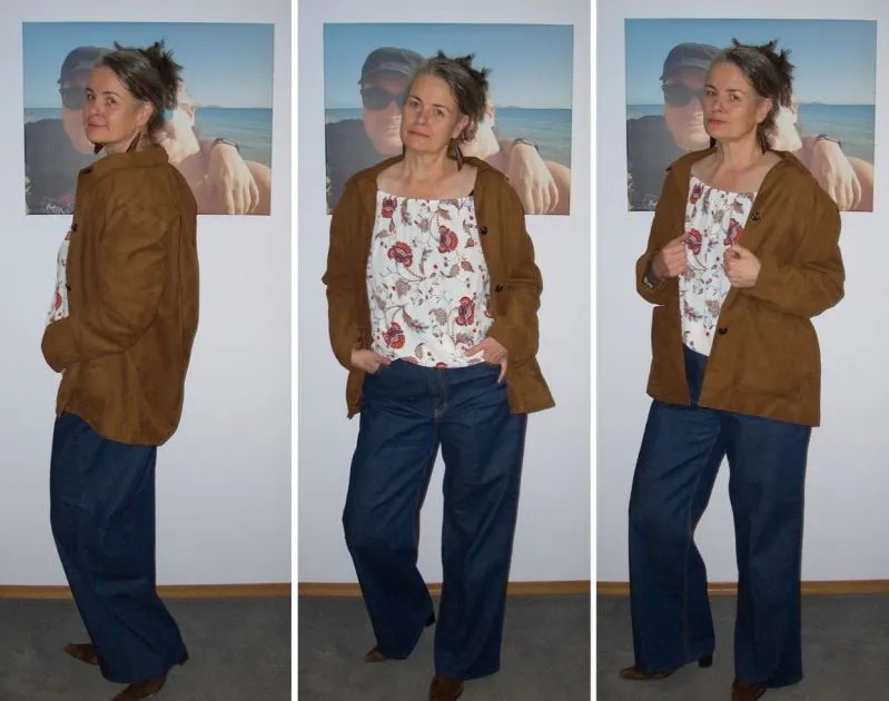 [Tall Fashion] Color up your fall- Off-Shoulder-Bluse mit Wildlederjacke und weiter Jeans kombiniert