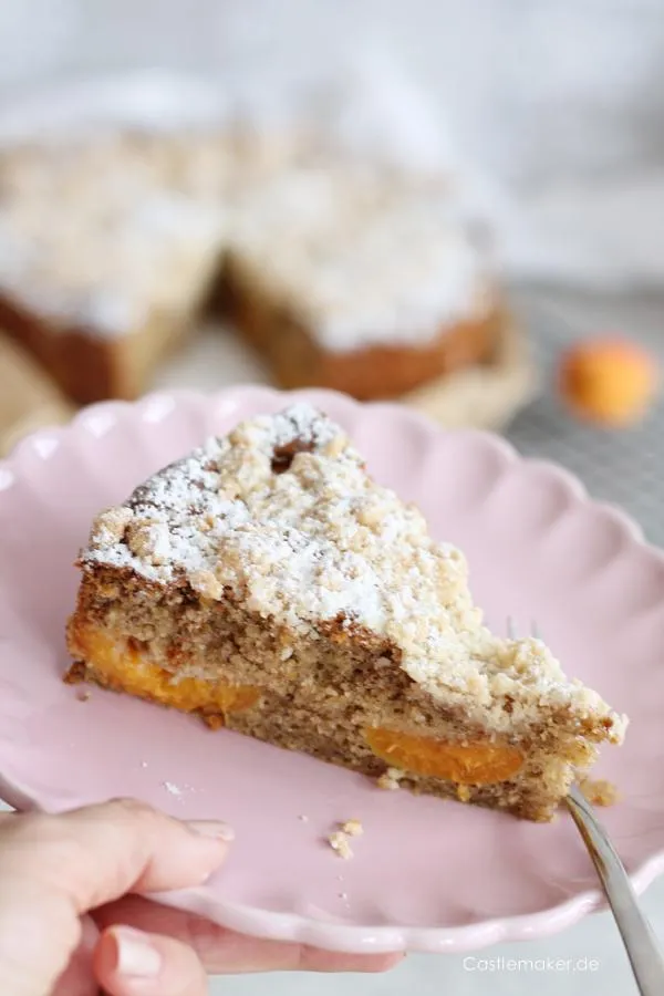 Einfacher lockerer Nusskuchen mit Aprikosen & Streuseln