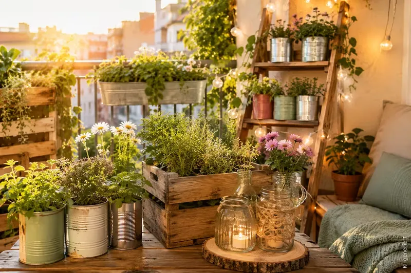 Upcycling Balkon gestalten mit Dosen, Kisten und Gläsern