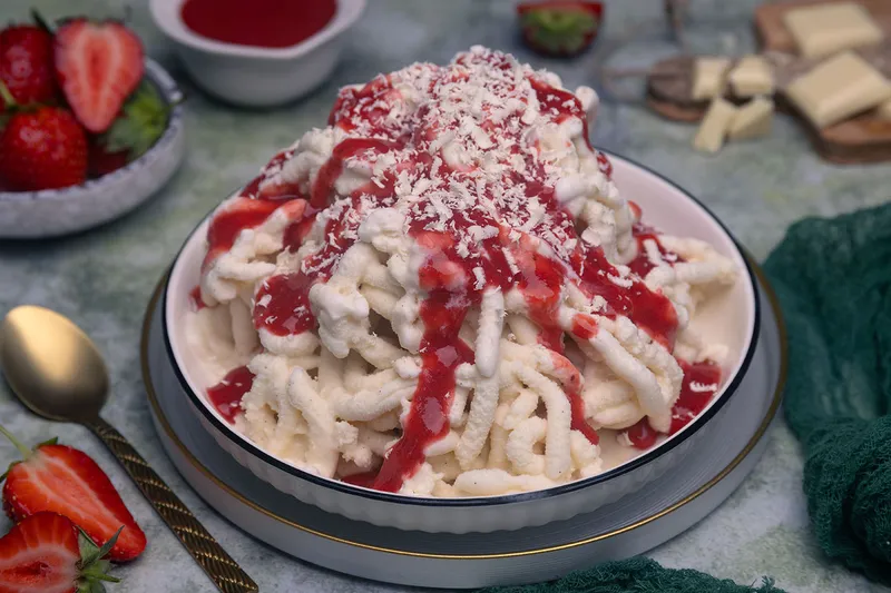 Spaghettieis wie aus der Eisdiele – mit selbstgemachter Erdbeersauce und extra cremigem Vanilleeis