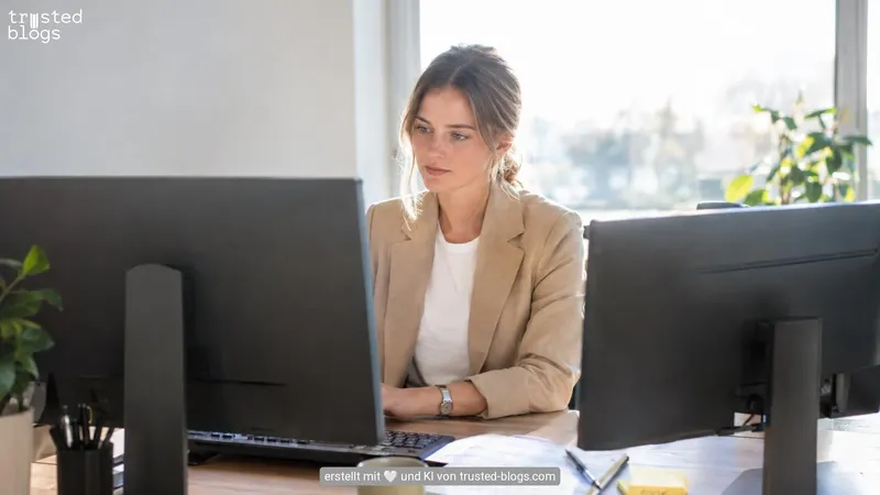 Frau arbeitet konzentriert zwischen zwei Monitoren