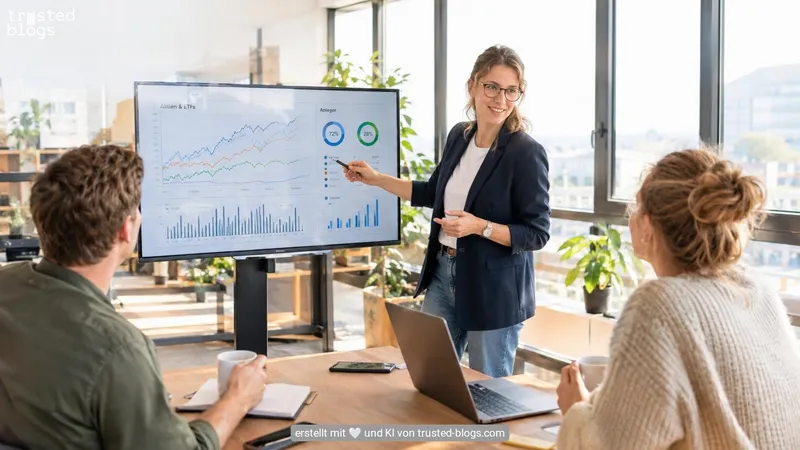 Eine Frau erklärt zwei Kollegen an einem Bildschirm Diagramme zu Aktien und ETFs