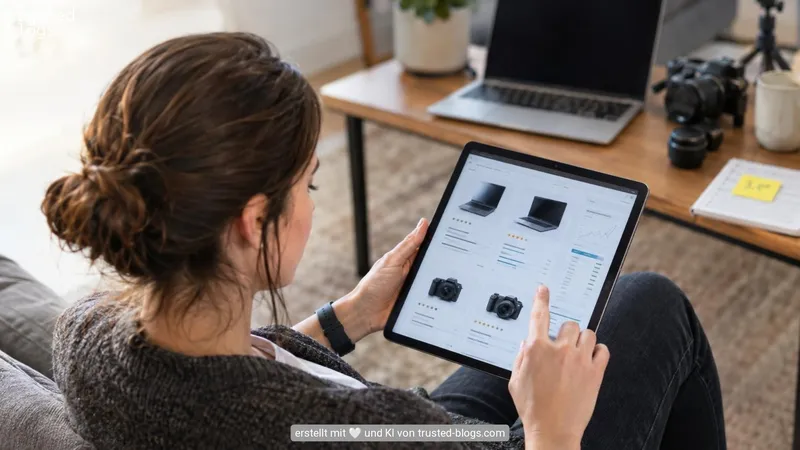 Frau liest auf einem Tablet einen Vergleich von Laptops und Kameras