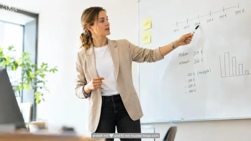 Frau erklärt an einem Whiteboard die Preisverteilung von Blogartikeln mit Median und Mittelwert