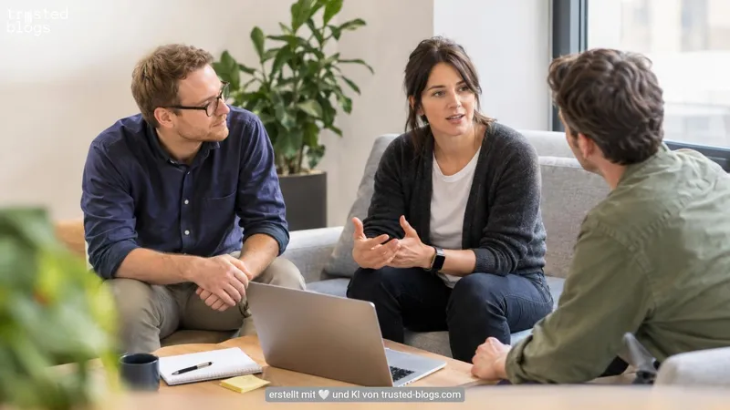 Drei Personen besprechen am Laptop eine Tech-Kooperation