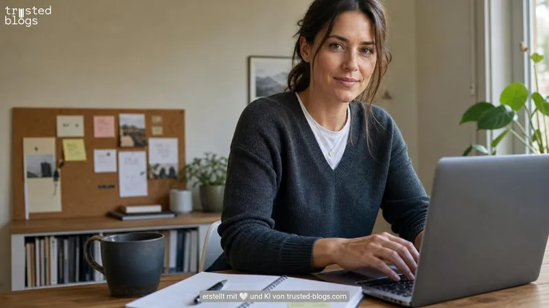 Frau mit Laptop und Notizbuch an ihrem Schreibtisch