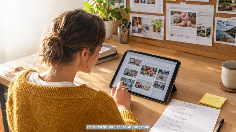 Eine Frau sieht sich auf dem Tablet Hobbyblogs an, daneben eine handgeschriebene Checkliste