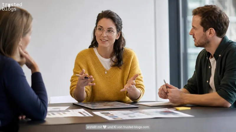 Drei Personen besprechen am Tisch eine Kooperation, vor ihnen liegen Ausdrucke und ein Tablet