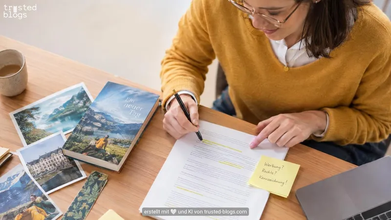 Frau prüft einen Text, daneben ein Buch, Fotos und ein Zettel mit „Werbung? Rechte? Kennzeichnung!“