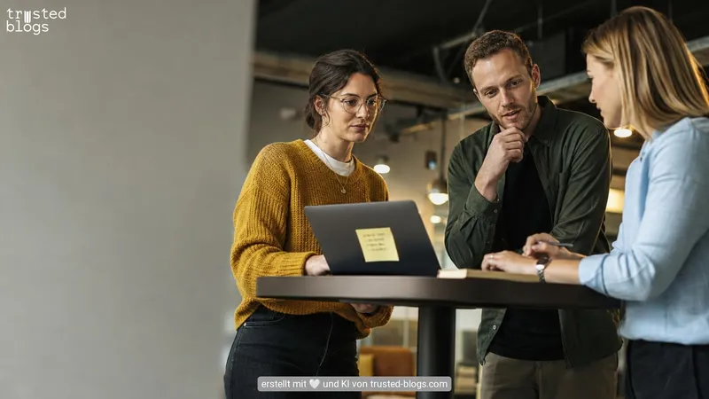 Drei Personen besprechen an einem Stehtisch einen Plan am Laptop, auf dem ein Notizzettel klebt