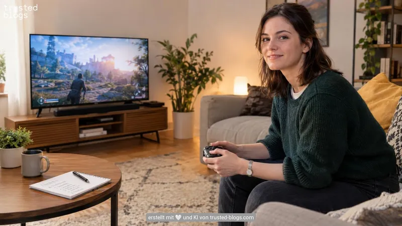 Frau mit Controller auf dem Sofa vor einem Fernseher mit Videospiel