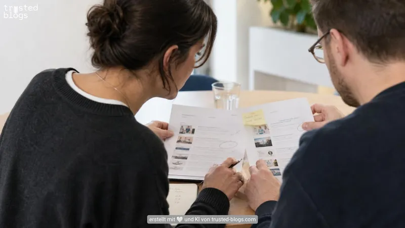 Zwei Personen markieren Beiträge auf einer ausgedruckten Magazinseite