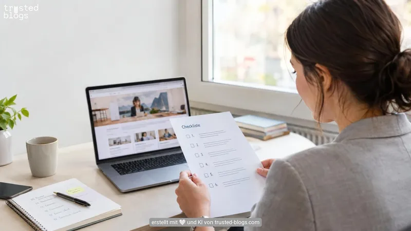 Frau prüft vor dem Laptop eine Checkliste mit sechs Punkten