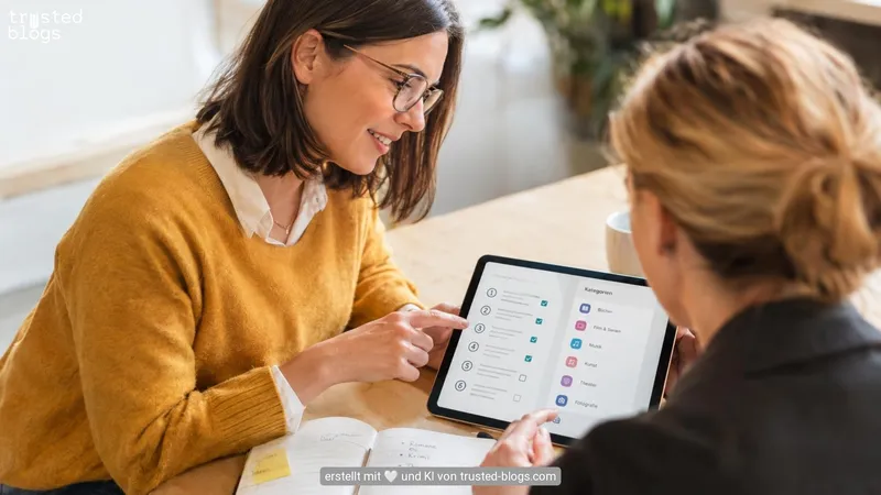 Zwei Frauen gehen auf einem Tablet eine Checkliste mit Kategorien durch