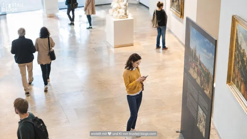 Besucher in einer Kunstausstellung, eine Frau liest auf dem Smartphone