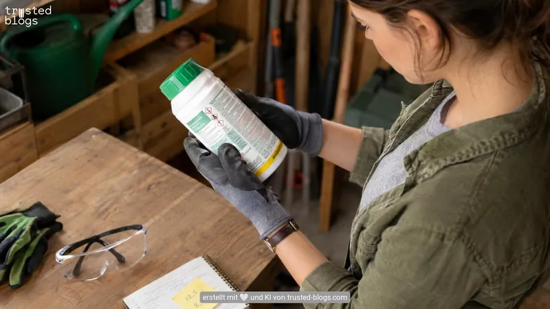 Frau mit Arbeitshandschuhen liest das Etikett einer Flasche mit Gartenmittel
