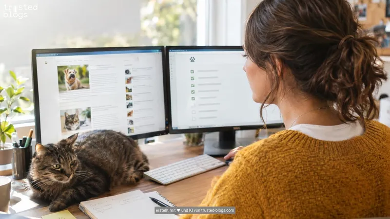 Frau prüft am Schreibtisch einen Haustier-Blog und eine Checkliste, eine Katze liegt neben der Tastatur