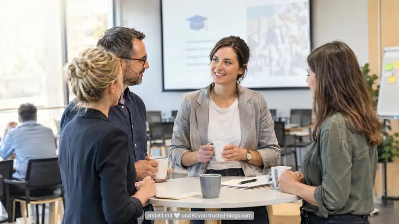 Vier Menschen unterhalten sich bei einer Weiterbildung an einem Stehtisch