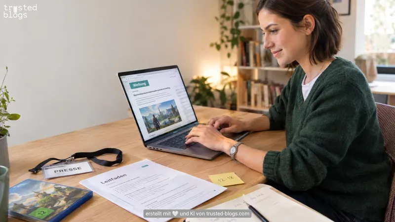 Frau am Laptop mit einem als Werbung gekennzeichneten Beitrag, daneben Presseausweis, Leitfaden und ein Spiel