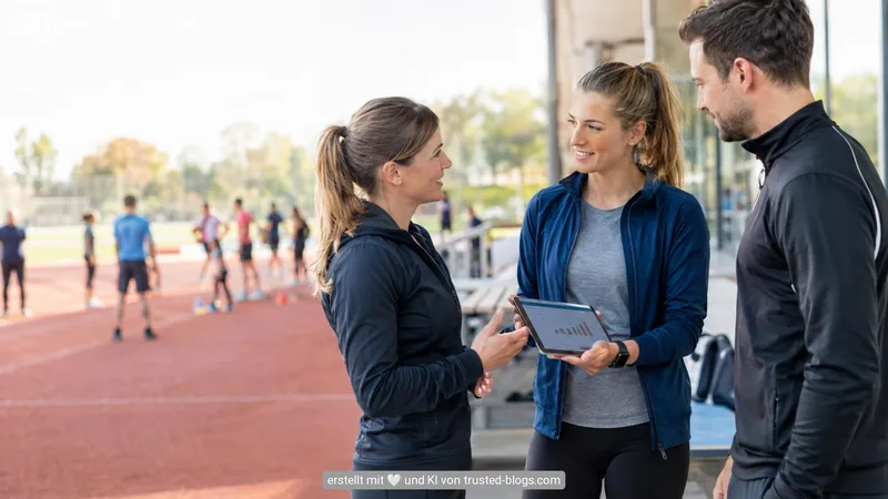 Drei Menschen in Sportkleidung besprechen auf einer Laufbahn Zahlen auf einem Tablet