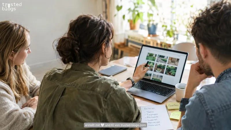Drei Menschen sehen sich am Laptop Garten-Blogs an, daneben eine Notiz mit Kriterien