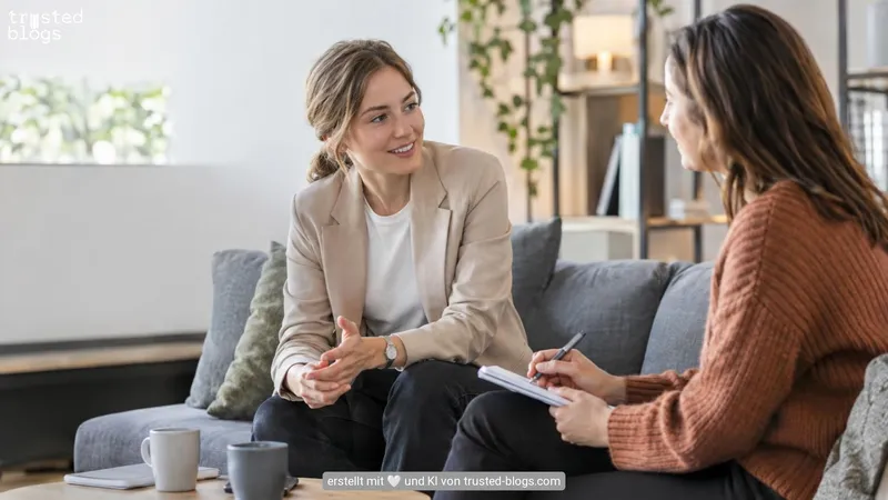 Zwei Frauen im Gespräch auf einem Sofa, eine macht sich Notizen