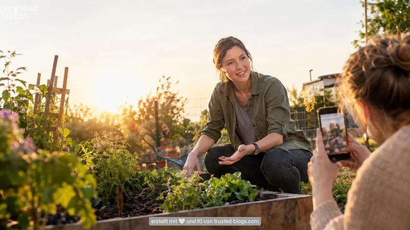 Frau am Hochbeet im Gemeinschaftsgarten, eine zweite Person fotografiert sie mit dem Smartphone