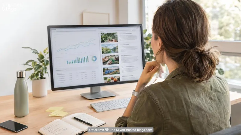 Frau am Schreibtisch vor einem Monitor mit Statistiken und Bildern von Natur, Solaranlagen und Gemüse