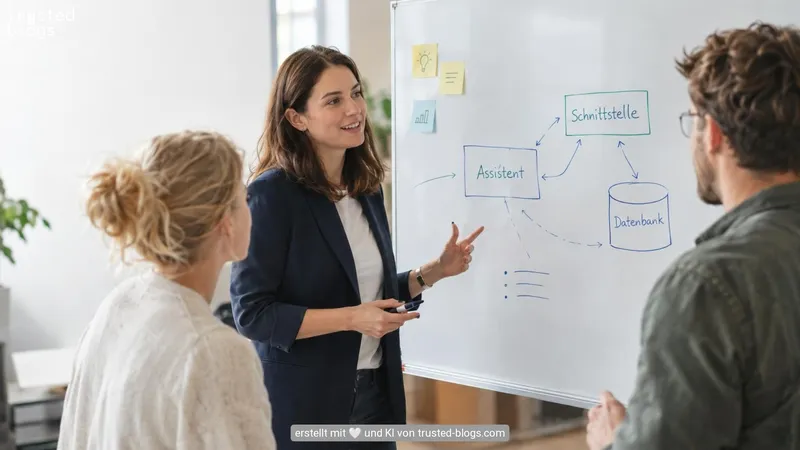 Whiteboard-Skizze: Assistent, Schnittstelle und Datenbank sind mit Pfeilen verbunden