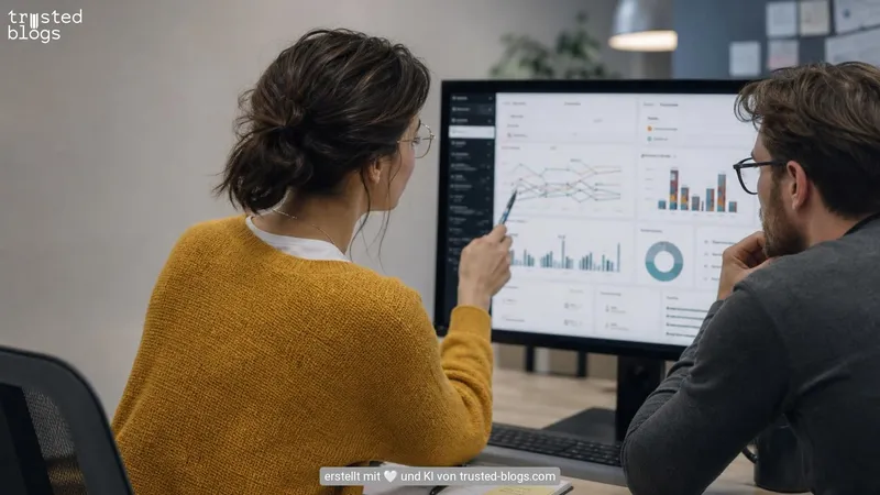 Zwei Personen werten am Bildschirm Statistiken mit Diagrammen aus
