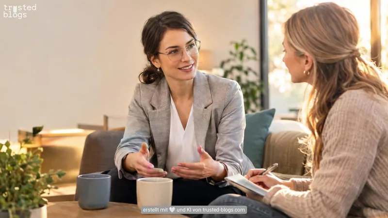 Zwei Frauen im Gespräch auf einem Sofa, eine macht sich Notizen