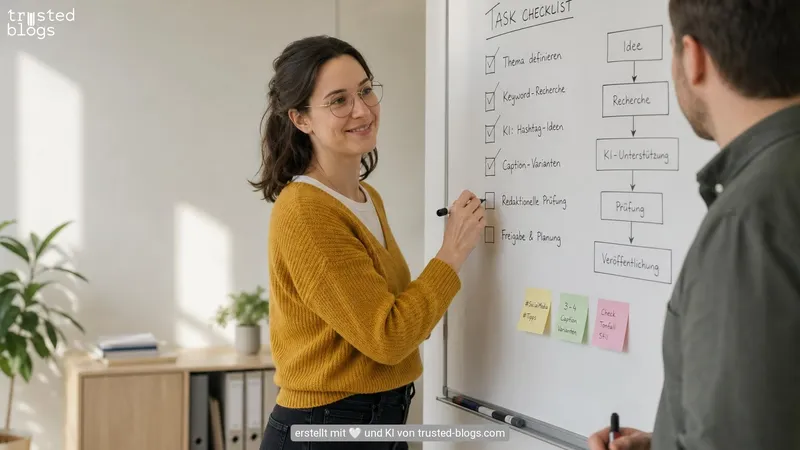 Frau hakt an einem Whiteboard eine Checkliste für Social-Media-Beiträge ab, daneben ein Ablauf von der Idee bis zur Veröffentlichung