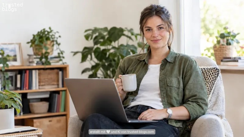 Frau sitzt mit Laptop und Kaffeetasse in einem Sessel zwischen Pflanzen und Bücherregal