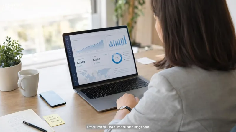 Marketingverantwortliche prüft am Laptop ein Dashboard mit Besucherzahlen
