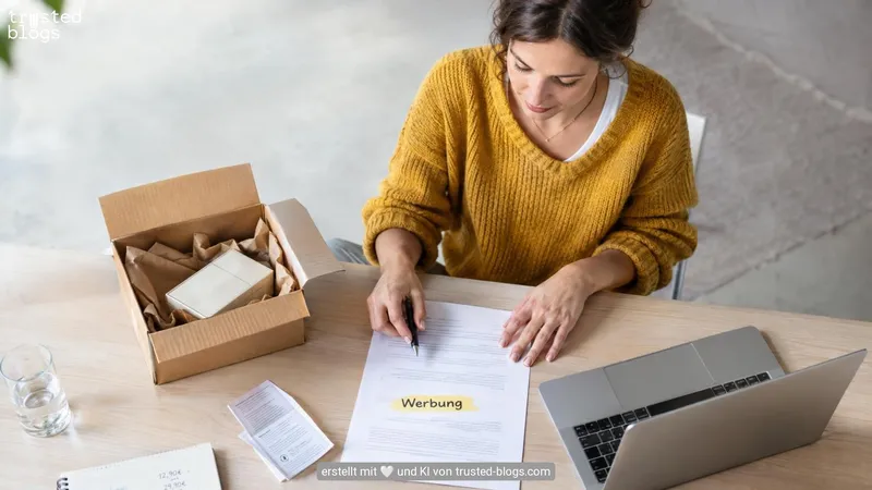 Eine Frau prüft einen Text mit dem Hinweis „Werbung“, daneben ein Paket mit Testprodukt